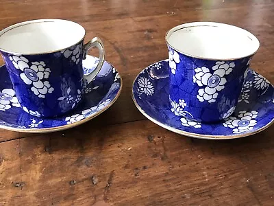 Buy Antique Rubian Art Pottery England PAIR Blue White Cups & Saucers Cherry Blossom • 12£