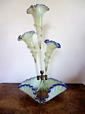 Buy Antique English Victorian Vaseline And Blue Glass Epergne Centrepiece 45 Cms H • 175£