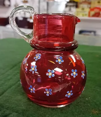 Buy Small Painted Victorian Cranberry Glass Ruffled Jug • 15£