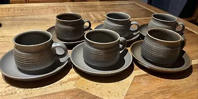 Buy Denby-Langley Sherwood 6 X Cups And Saucers Dark Green Brown VGC • 24.90£