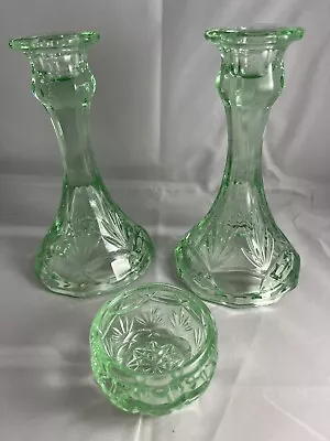 Buy Gorgeous 8 Inch Green Pressed Glass Candlesticks And Bowl MINT • 8.99£