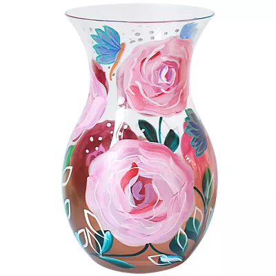 Buy Pink Roses Glass Decorative Clear Vase Handpainted Floral Flowers Pot Design • 13.50£