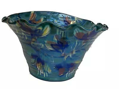 Buy Gwili Pottery Art Studio Vintage Welsh Handmade Blue Floral Ruffled Vase Planter • 42.68£
