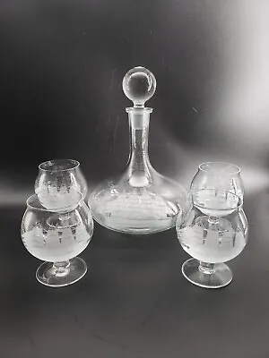 Buy Vintage Etched Clippership Decanter And Brandy Snifter Set Of 4 Glasses Nautical • 72.39£