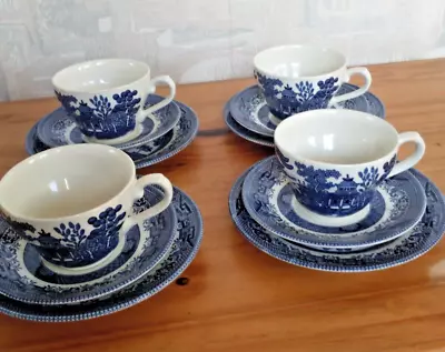 Buy SET OF 4 CHURCHILL BLUE WILLOW  TEA CUPS, SAUCERS AND SIDE PLATES Never Used • 20£