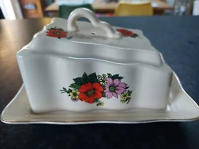 Buy Vintage Romanian Ceramic Butter/Cheese Dish Red & Pink Flowers  • 8£