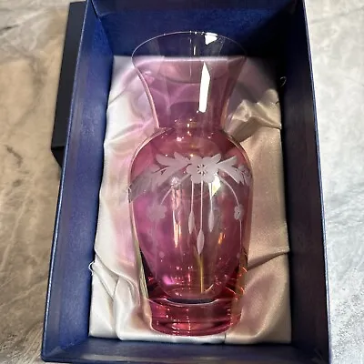 Buy Cranberry Glass Etched Boxed  Bud Vase Czech Republic Bohemia Floral Crystal • 18.50£