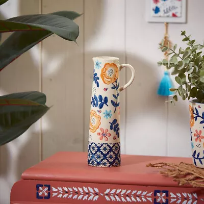 Buy Coral And Blue Multi Floral Stoneware Tall Vase/Jug • 13.99£