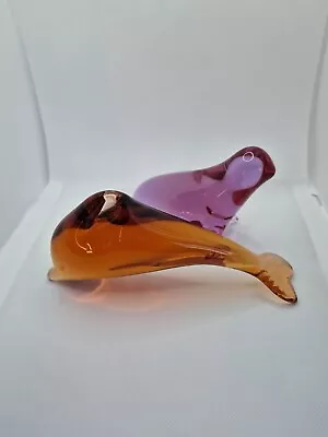 Buy Dolphin And Seal Glass Paperweight Orange And Purple Decor , Sealife , Collectab • 12.50£