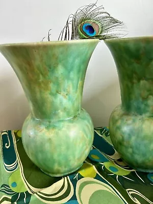 Buy Handsome Pair Vintage Art Deco Beswick Ware Vases Mottled Green Trumpet Shaped • 90£
