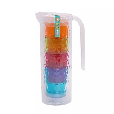 Buy Clear Plastic Pitcher With 4 Tumbler Glasses Reusable Summer Party BBQ • 11.99£