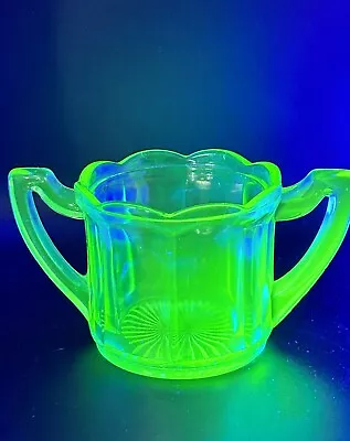 Buy Vintage GLOWING Green /  Vaseline Glass Sugar Bowl W/Scalloped Edge Panel • 11.29£
