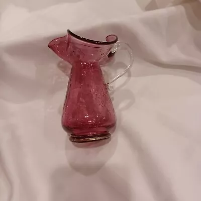 Buy Vintage Cranberry Pink Crackle Glass Pitcher Applied Handle RUFFLE TOP Vase • 21.23£