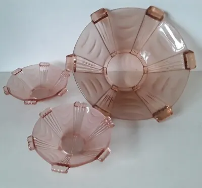 Buy Art Deco Pink Patterned Glass Fruit Dish & Matching Side Dishes VGC • 14£