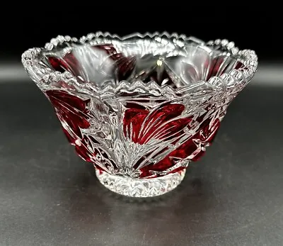 Buy Vintage Crystal Ruby Red Cut To Clear Bohemian Glass Bowl Leaves • 28.81£