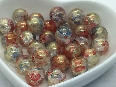 Buy Pack Of 30 Crackle Glass Beads, Red, Blue And Gold,  10mm • 3.65£