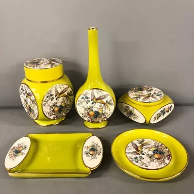 Buy Carlton Ware Yellow Fruit Bird 5 Piece Dressing Table Set Vase Tray Jar '70s -CP • 9.99£