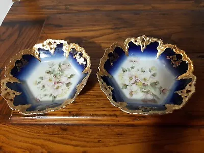 Buy 2 Antique Bavarian Porcelain Hand Painted Candy Dish Pink Roses Scalloped Gold • 25.68£