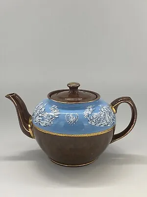 Buy Sadler Staffordshire England Teapot 2635 Brown Betty Blue Gold Trim Greek Theme • 40£