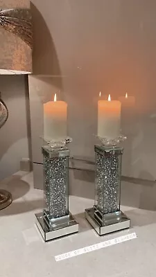 Buy 2 X Large Beautiful Crushed Diamond & Glass  35cm Crystal Pillar Candle Holders • 80£