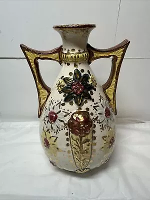 Buy Ceramic Art Pottery VASE 2 Handles Raised Relief Flowers Gold Accents 8” • 37.56£