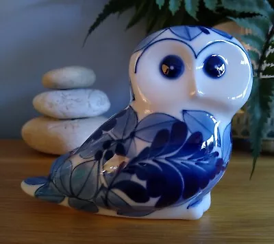 Buy Blue & White Ceramic Owl Figurine Bird Ornament Librasco Interest Painted Leaves • 4£