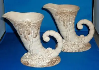 Buy 2 Vintage Retro Cream Beswick Pottery Horn Of Plenty Cornucopia Palm Tree Vase • 29.59£