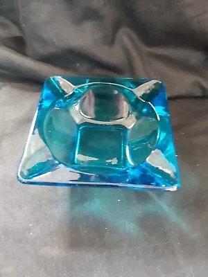 Buy 🚬1960's / 70's Blue/Turquoise Heavy Glass Ashtray 3.5 Inch Square • 12£