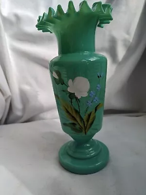 Buy  Victorian Green Glass Ribbon Top Vase.  Bohemian. Good Condition  • 20£