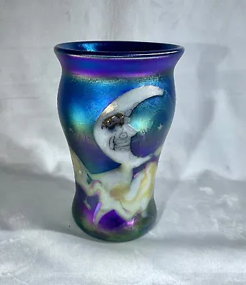 Buy Night Sky Moon Clouds & Stars Iridescent 6.5 Inch USA Handblown Glass Vase • 795£