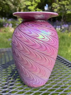 Buy Hand Blown Textured Iridescent Art Glass Vase Pulled Feather Pink 6” • 240.18£