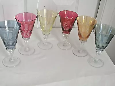 Buy 6 Antique Bohemian CUT To Clear WINE Flute Trumpet GLASSES Thumb IRIDESCENT Lot • 100.41£
