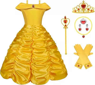 Buy Princess Belle Dress Set Girl Party Costume Fancy Outfit Crown Wand Gloves UK • 12.99£