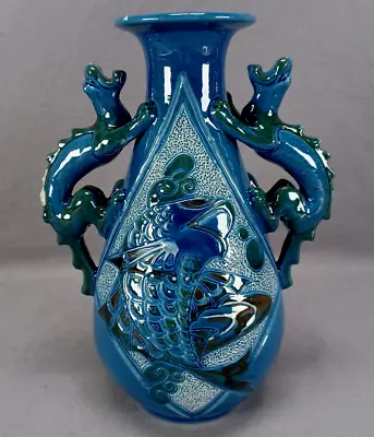 Buy CH Brannam Blue & Green Arts & Crafts Art Pottery Fish Vase With Dragon Handles • 232.60£
