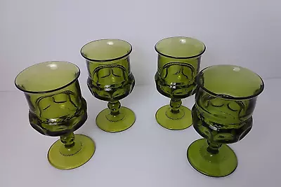 Buy Indiana Glass MCM Avocado Green Kings Crown Thumbprint Goblets Lot Of 4 • 23.53£
