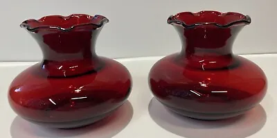 Buy 2 Vintage Anchor Hocking Royal Ruby Red Bud Vases Ruffled Top Edge 3.5in • 24.06£