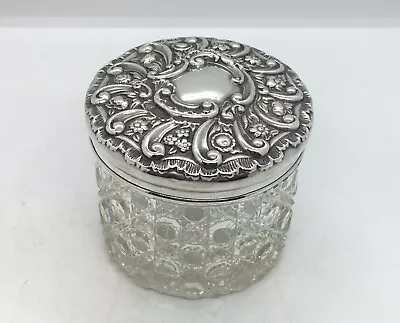 Buy Antique Cut Glass Jar / Pot With Art Nouveau Style Embossed Sterling Silver Lid • 22£