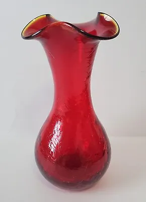 Buy Vintage Hand Blown Red Crackle Glass Vase With Ruffle Top 6 3/4  Yellow Rim MCM • 14.38£
