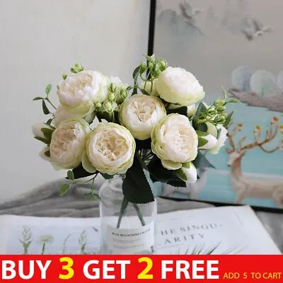 Buy 9 Heads Artificial Flowers Silk Peony Bouquet Fake Rose Wedding Home Party Decor • 4.66£