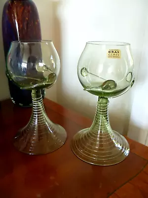 Buy 2 KRAS Czech Antique Revival 2000's Art Glass Wine Goblets Applied Spiral Trail • 39.95£