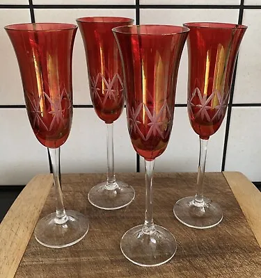 Buy Champagne Flutes Set Of 4 Red Etched Glass 9” Tall Stunning • 18£