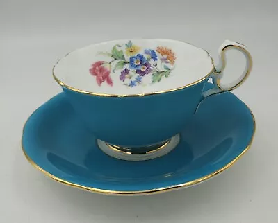 Buy Aynsley Tea Cup And Saucer Bone China - Floral- Teal- England - Vintage • 33.21£