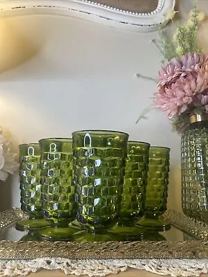 Buy 6 Vintage Avocado Green Indiana Whitehall Cubist Tumblers Footed Drink Glasses • 47.94£