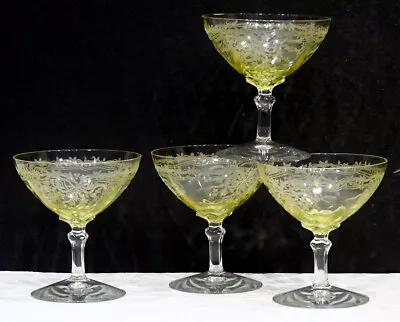 Buy 4 Vintage FOSTORIA Glass JUNE TOPAZ Yellow CHAMPAGNE SAUCER STEM Footed Sherbet • 71.88£