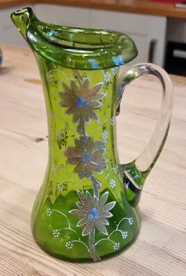 Buy Bohemian Moser Style Gilded Hand Painted Green Floral Art Glass Jug • 35£