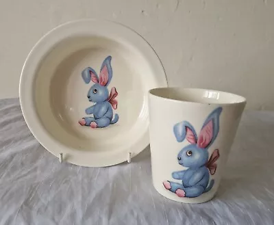 Buy Vintage Royal Vale Bone China Baby Bowl Dish & Beaker With Blue Bunny Toy Pic • 29.99£