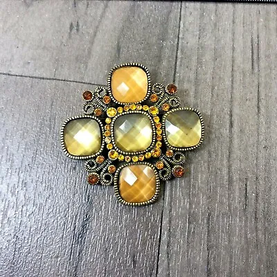 Buy Authentic Vintage Large Cross Brooch Pin Multi Faceted Orange Stone Lime Colour  • 11.89£
