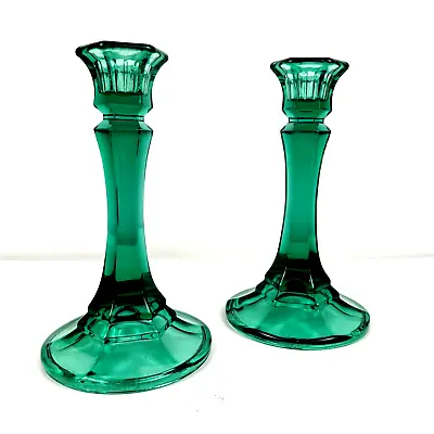 Buy Vintage Indiana Green Glass  Candle Holders Set Of 2 Christmas 6 In • 23.90£