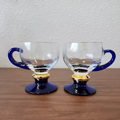 Buy 2 Romania Crystal Clear Cobalt Blue Beveled Gold Trim  Irish Coffee Mugs VTG • 34.74£