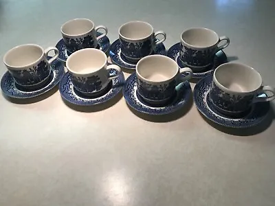 Buy Vintage Set Of  7  Blue Willow Tea Or Coffee Cups & Saucers, Churchill, England • 33.20£